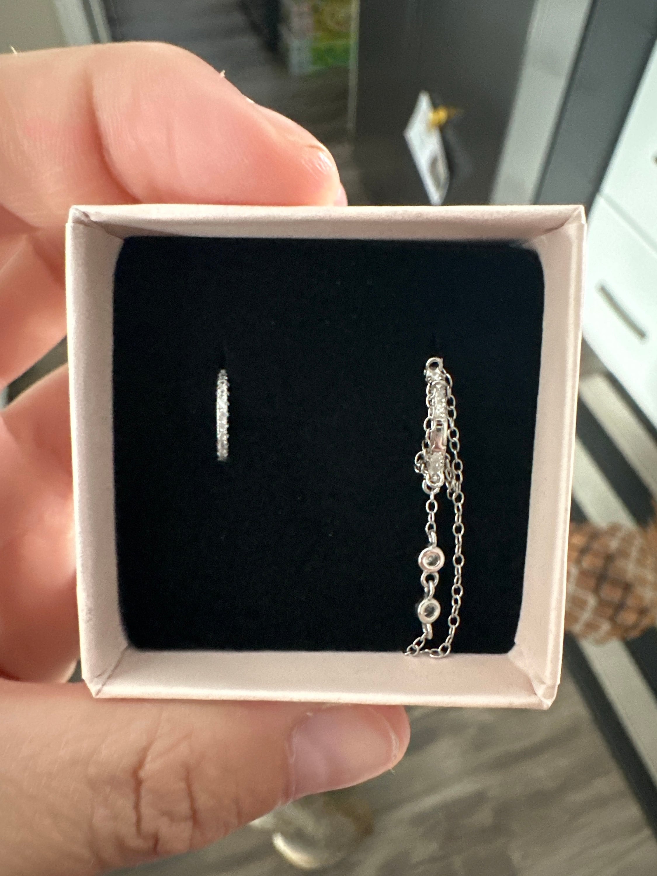 Dainty Pave CZ Helix Huggie Hoop Earrings With 2 Dangling Chains With Bezel CZ