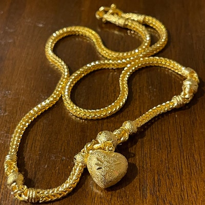 Heart Charm Necklace 22K 23K 24K Thai Baht Yellow Gold Plated Choker ...