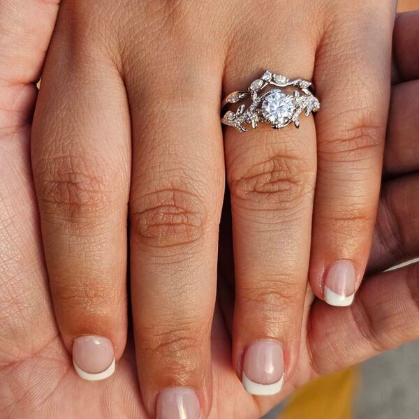 Garden Inspired Round Moissanite Engagement Ring Set 1ct Rose Gold ...