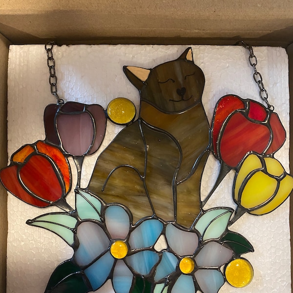 Suncatcher Cat in Tulip Flowers Stained Glass Window Hanging Decor Cat ...