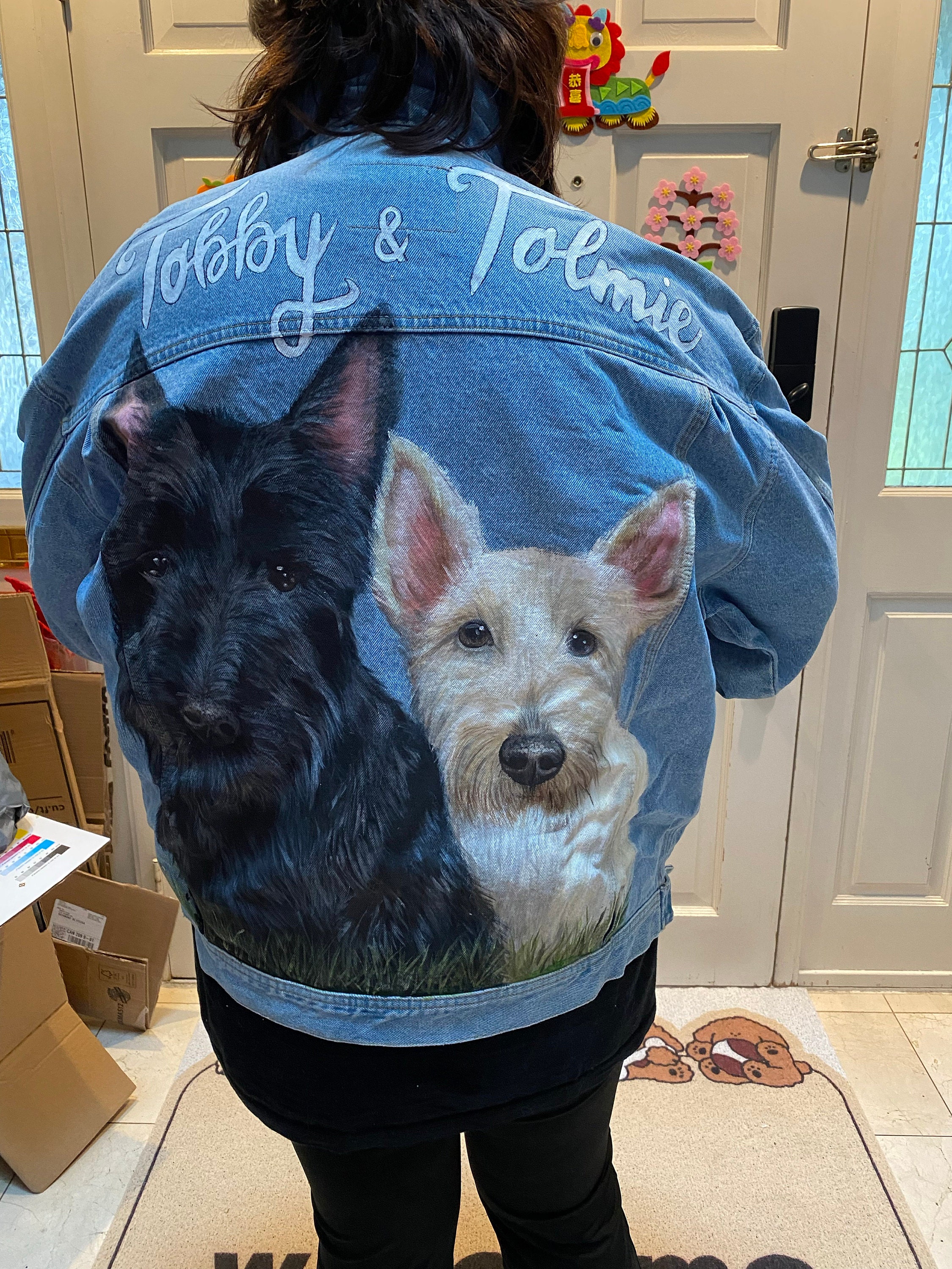 Pet Portrait Custom Denim Jacket- Hand-Painted vintage Adult denim jean Jacket- Paint from photo personalised painted pet design