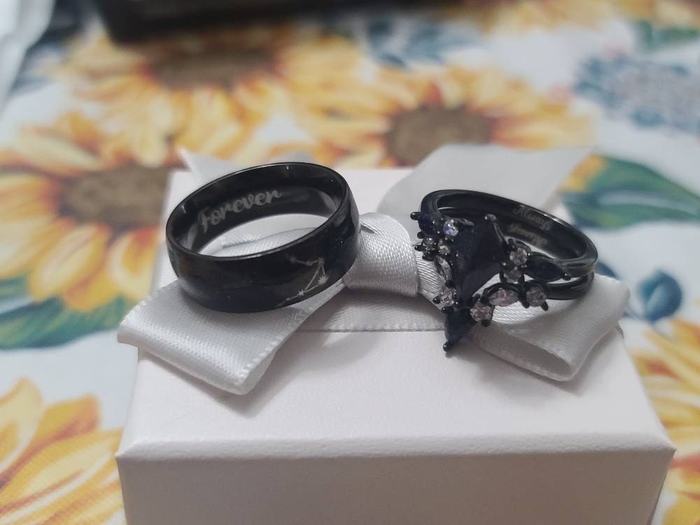 Nebula Couple&#39;s Ring Set, 3pc Wedding Band Set, Customize Constellations Rings, Blue Sandstone Ring Engagement Ring Wedding Anniversary Gift