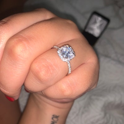 18k White Gold Cushion Cut Halo Engagement Ring, 2 Carat Round Cut