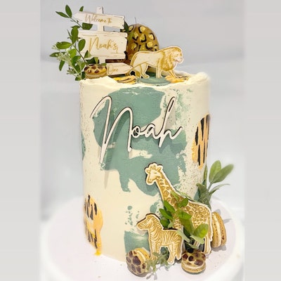 Safari Animals Engraved Cake Topper Set - Lion Zebra Giraffe Elephant Rhinoceros Wooden Cake Decor For Baby Shower, Birthday