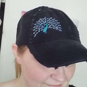 Embroidered Peacock Baseball Cap: Distressed Cotton  display picture 2
