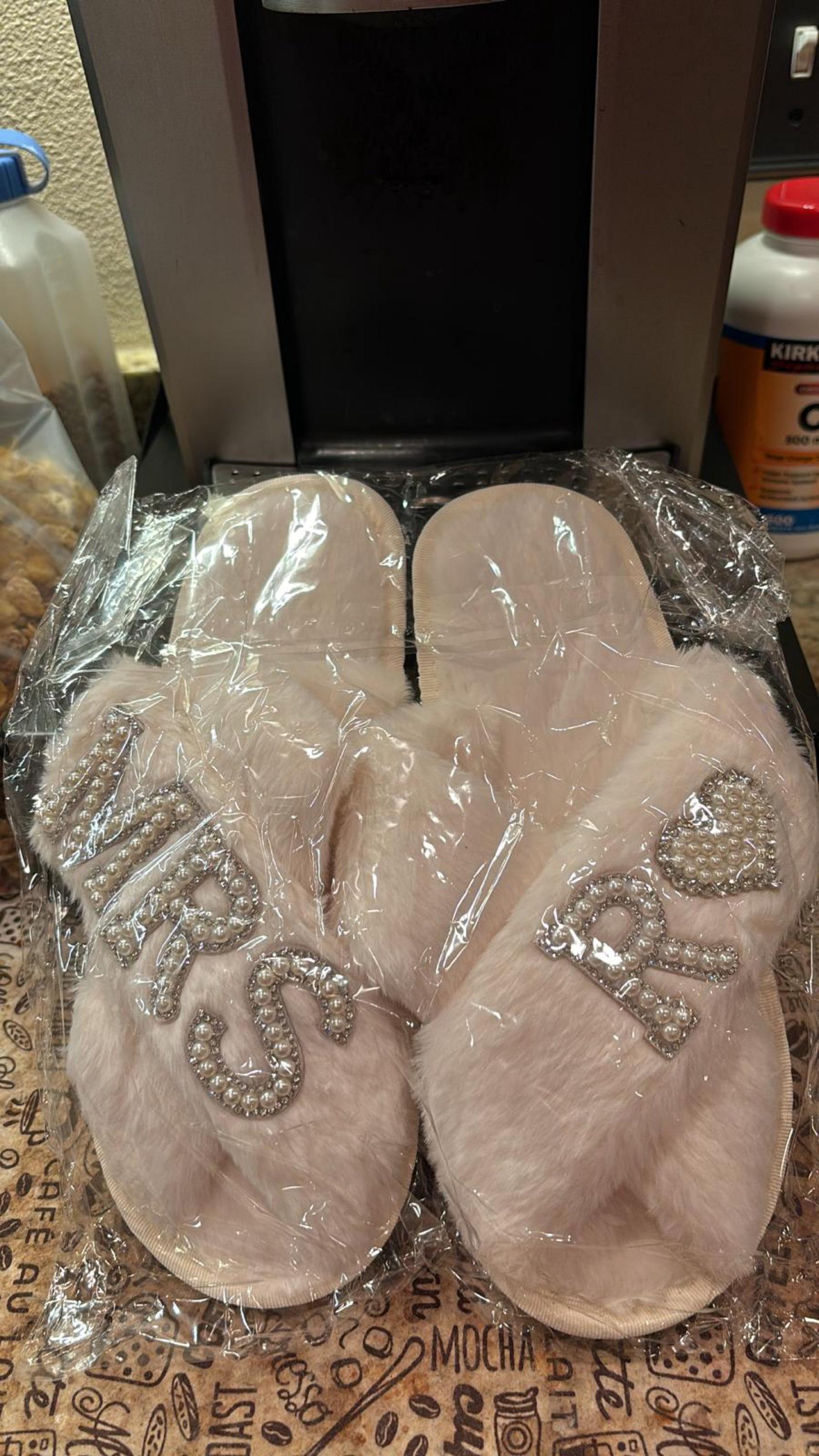 Bridal Mrs Wedding slippers, Custom Mrs Fluffy Slippers with pearls letters, Bridal Shower Gifts, Gifts For Her, Bridal Slippers, Slippers