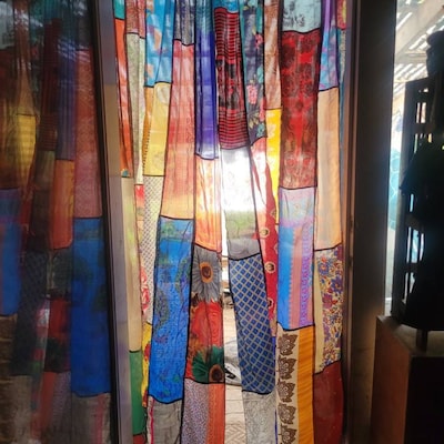 Tenda Porta Boho In Seta Patchwork - 120x220 Cm, Sari Indiano Riciclato, Stile Hippie - Foto 7