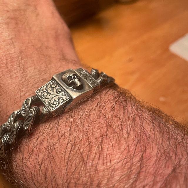 Sterling Silver Skull Bracelet for Men, Artisan Crafted Dry