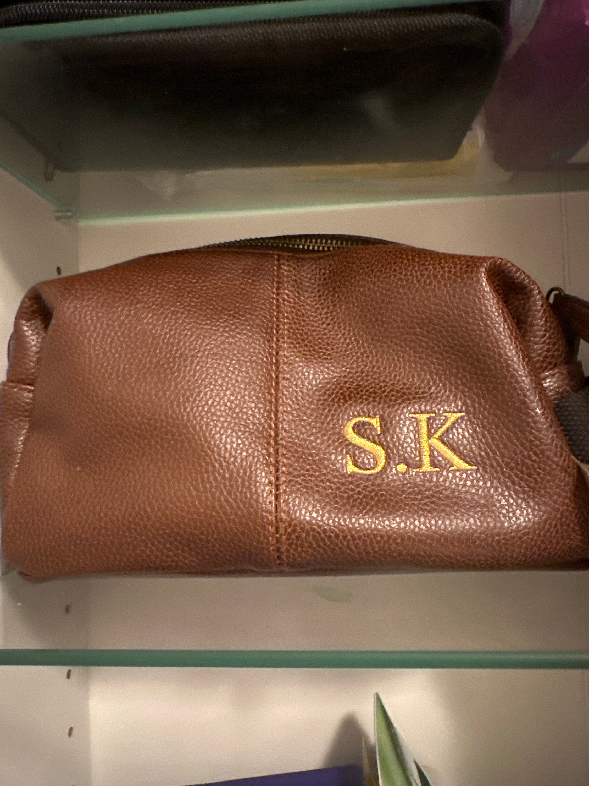 Personalised Embroidered Mens Leather Wash Bag with Strap Black or Brown - Mens Vegan Leather Toilet Bag Embroidered with Initials