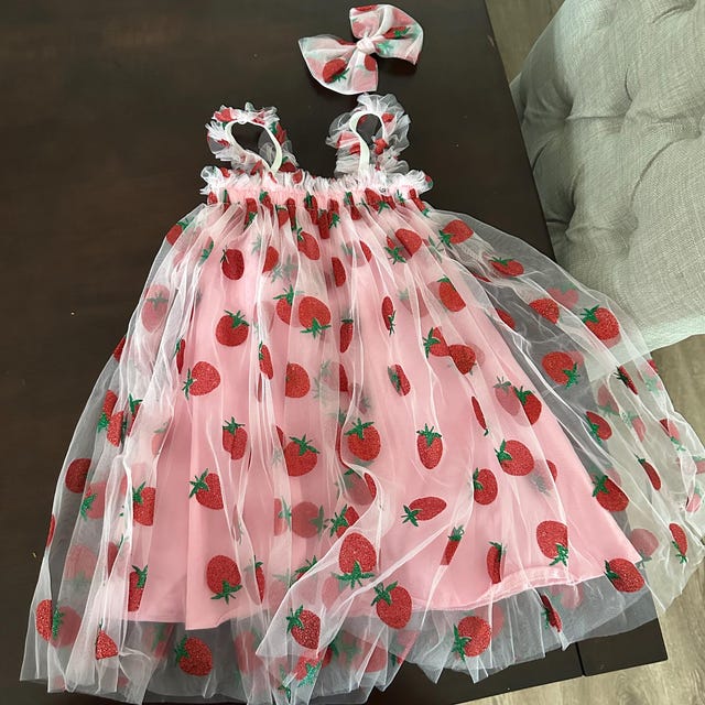 Pink Strawberry Tulle Dress and Headband - Berry First Birthday