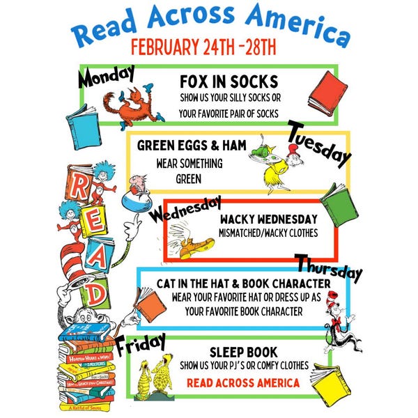 Read Across America Week 2025, School Spirit Week Schedule School Pto
