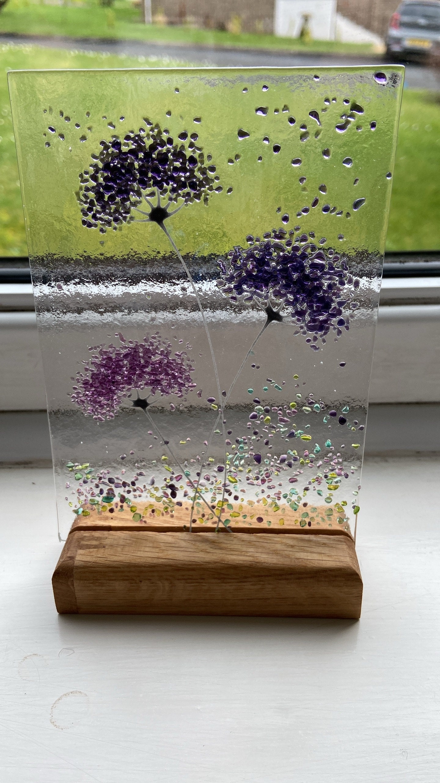 Purple mix whimsical Flower fused glass Art Picture or with Wooden Display Stand