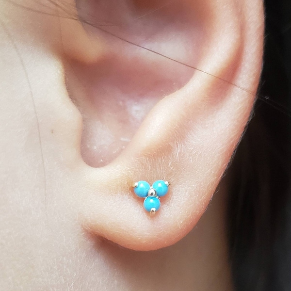 14K Solid Gold Turquoise Trinity Lotus Floral Stud Earring, Cartilage ...