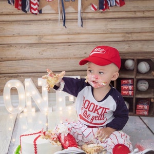 Baseball Cake smash outfit boy, SS or 3/4 sleeve Birthday outfit, Red Pinstripes, Baseball uniform, Baseball Pants, Rookie of the Year