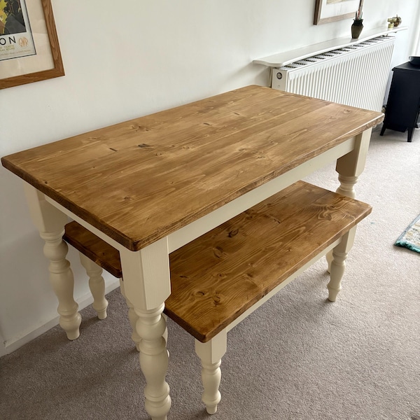Narrow Farmhouse Table and Bench Set - Handcrafted Solid Wood Dining ...