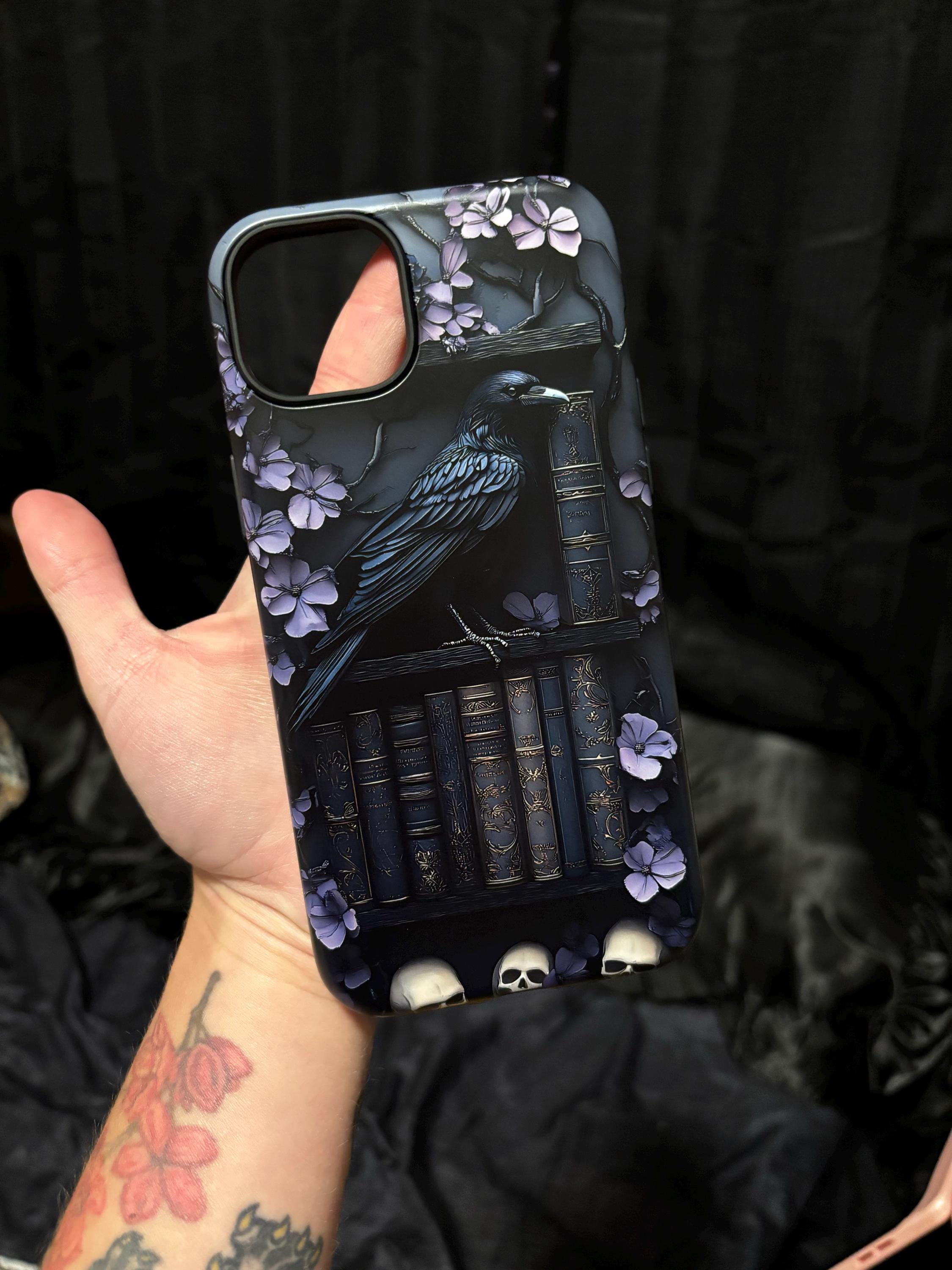 Purple Gothic Raven Bookshelf Phone Case, Gift for Book Lovers, Library Dark Academia Aesthetic, iPhone 16 15, GalaxyS25, Pixel 9 Pro Case
