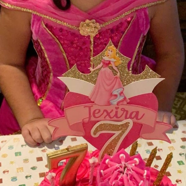 Sleeping Beauty Gold Glitter Crown Pink Heart Cake Topper - Princess ...