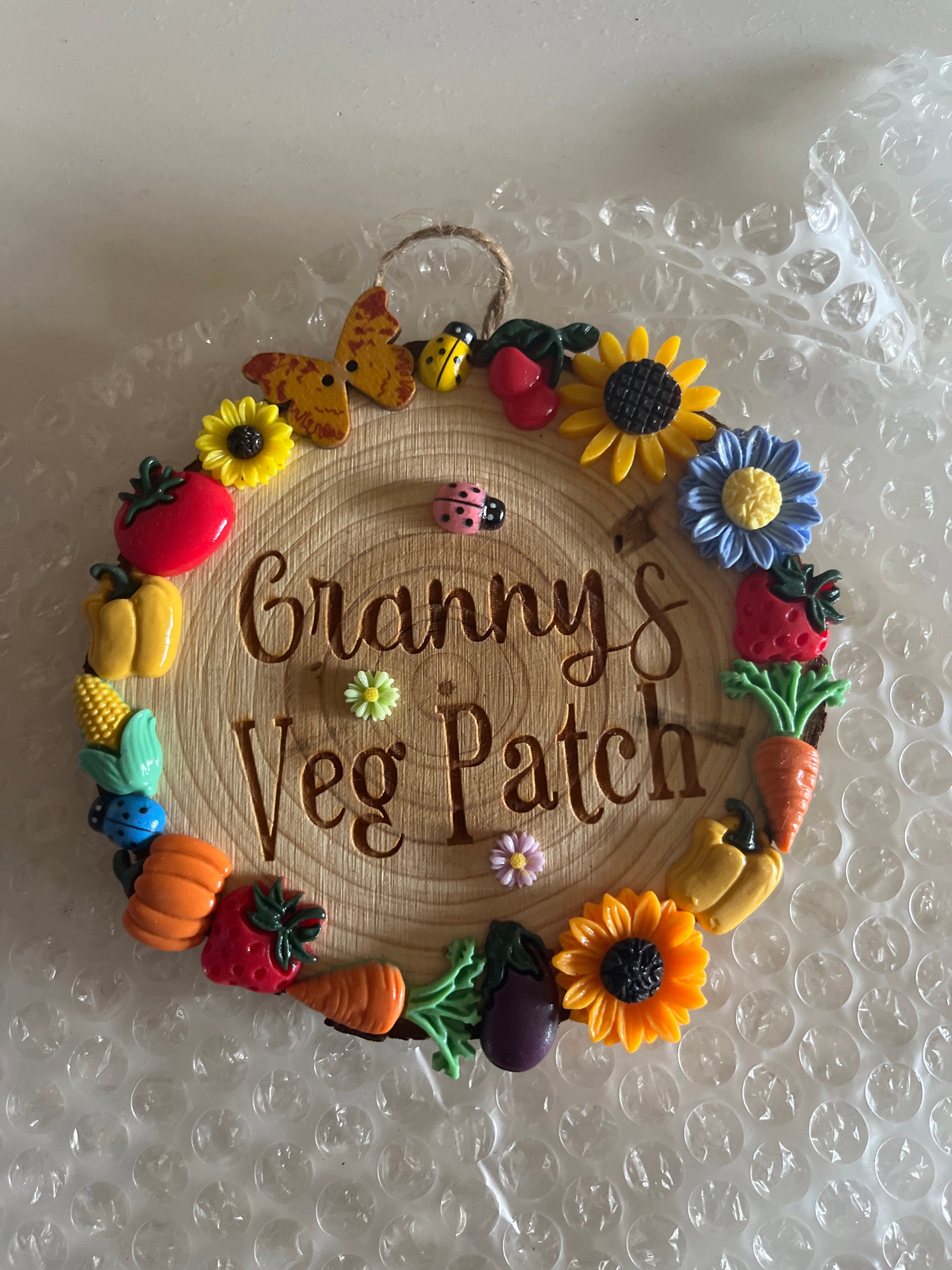 Vegetable Patch Engraved Wooden Log Garden Plaque Sign Personalised Name with Butterfly Sunflowers Daisy's Bees Veg Hung with Twine