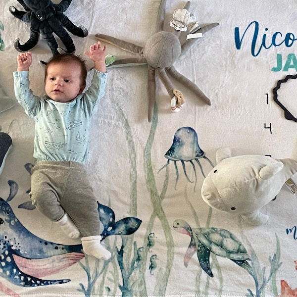 Under the Sea Baby Milestone Blanket, Whale Baby Blanket, Ocean Nursery ...