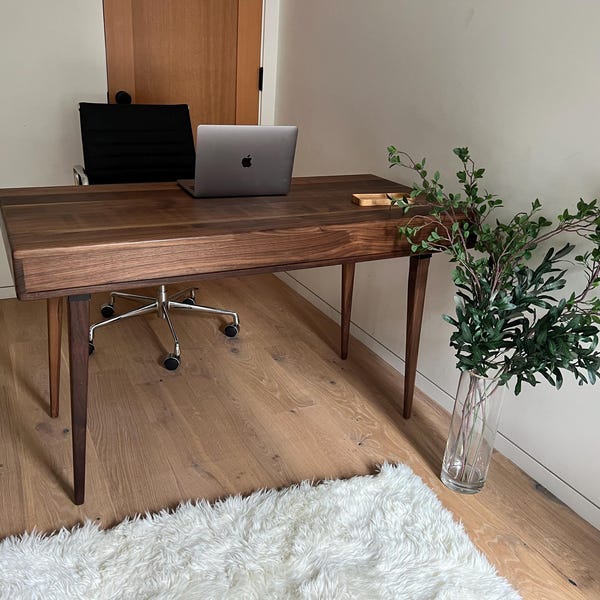 Mid Century Modern Walnut Office Desk With Two Solid Walnut Drawers ...