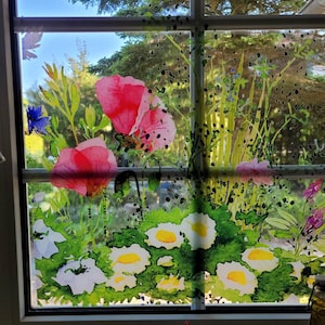 Watercolour Spring Meadow Window Decal Reusable Pink Blue Flower Window ...