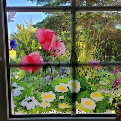 Watercolour Spring Meadow Window Decal Reusable Pink Blue Flower Window ...