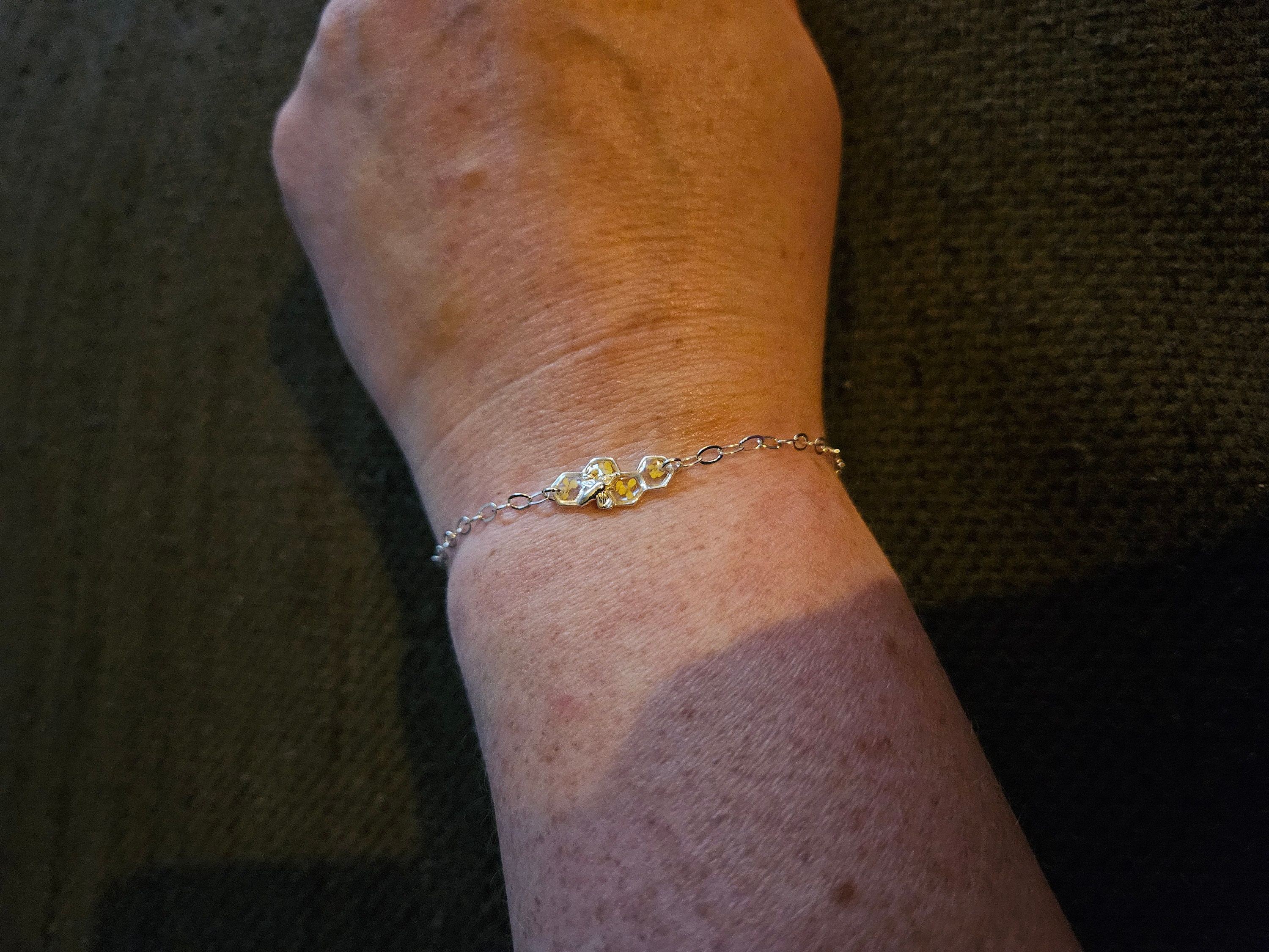 Sterling silver bee bracelet with yellow flowers, honeycomb bumble bee bracelet for women with angelite charm, birthday gifts for her