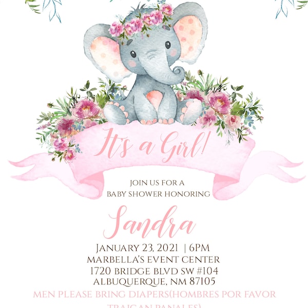 Elephant Baby Shower Invitation Girl, Editable Elephant Invitation ...