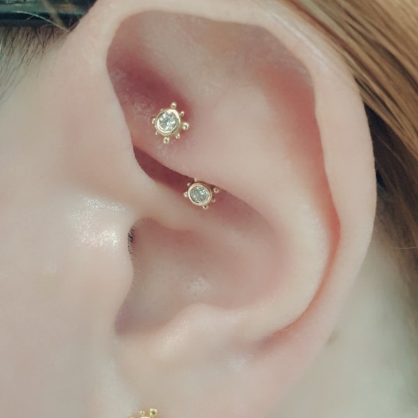 Rook Piercing Flower Sparkle Curved Barbell 14k Gold White Yellow ...