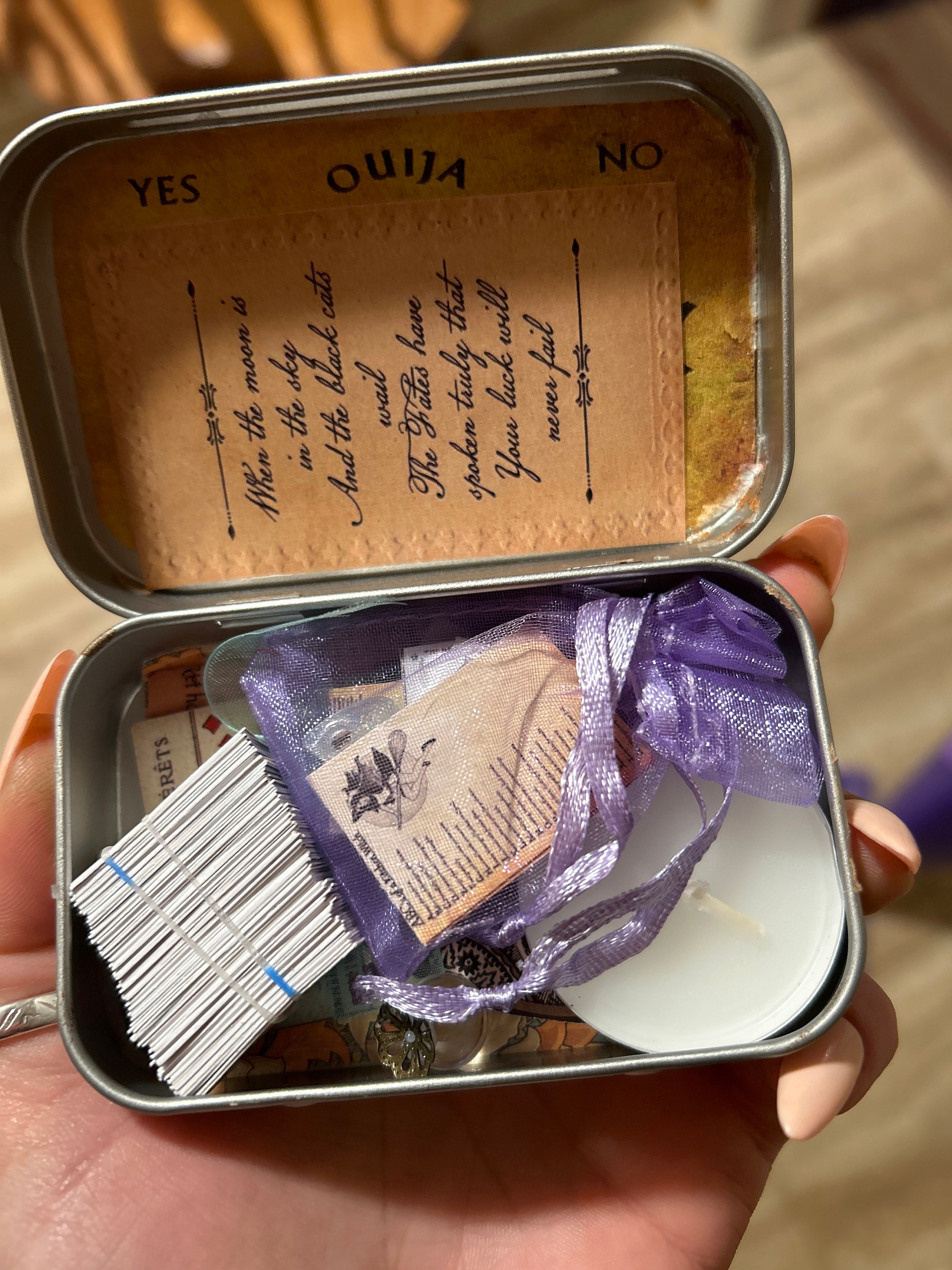 mini tarot tin, mini tarot kit, on the go mini tarot tin, palmistry ouija board psychic spell kit, mini tarot card deck, mini ouija board,