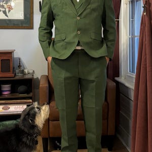 オリーブグリーンのリネンスーツ：メンズ3ピースウェディングスーツ