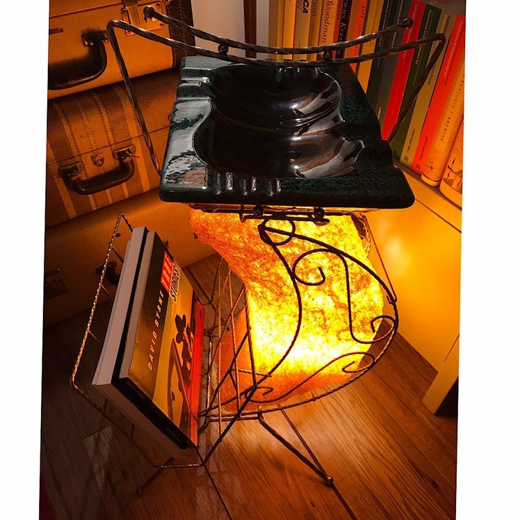 Vintage LP Rack, Standing Ashtray, Lucite Lamp, Brass Plated Record