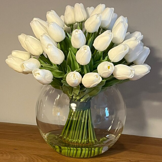 X-Large 60 Tulpen Mittelstück Glasvase-Finest Real Touch Weiße Tulpen-Französisches  Land Künstliche Blumen-Mittelstück-Modernes Faux Arrangement | Kunstblumen