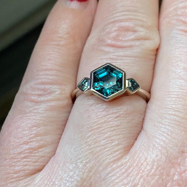Hexagon Cut Blue Green Sapphire Ring, Bezel Set Teal
