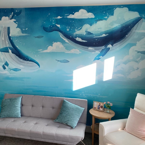 Blue Whale Wallpaper Ocean Motif Nursery Decor Removable Flying Whale ...