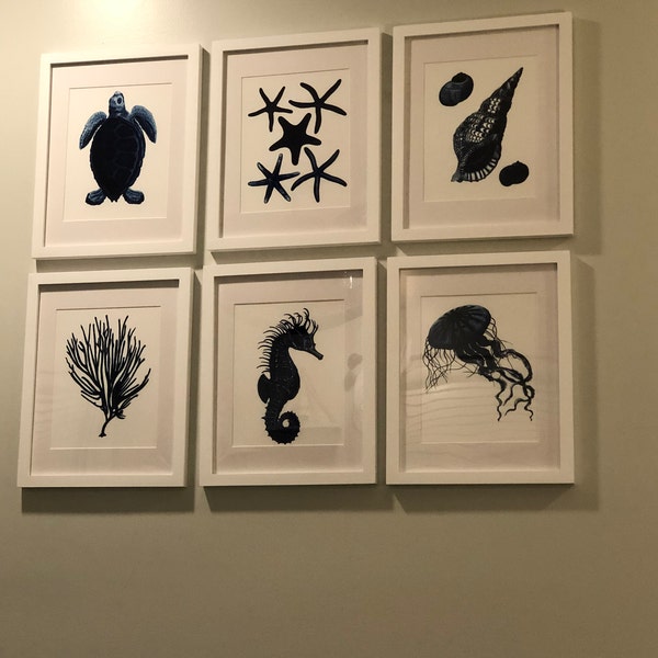 Dark Navy Blue Beach Decor Set of 6 Unframed Coastal Bathroom Etsy Wall ...