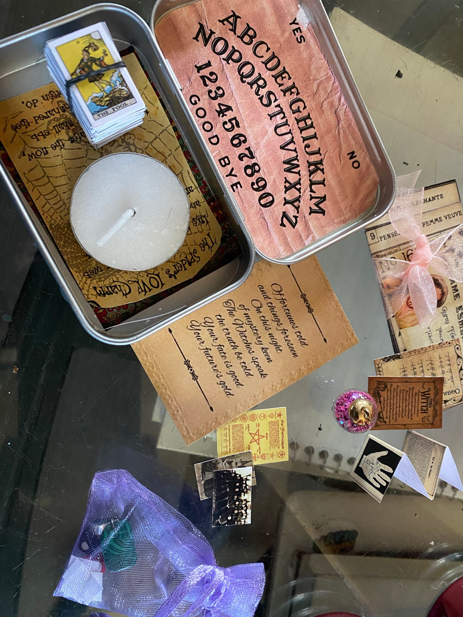 mini tarot tin, mini tarot kit, on the go mini tarot tin, palmistry ouija board psychic spell kit, mini tarot card deck, mini ouija board,