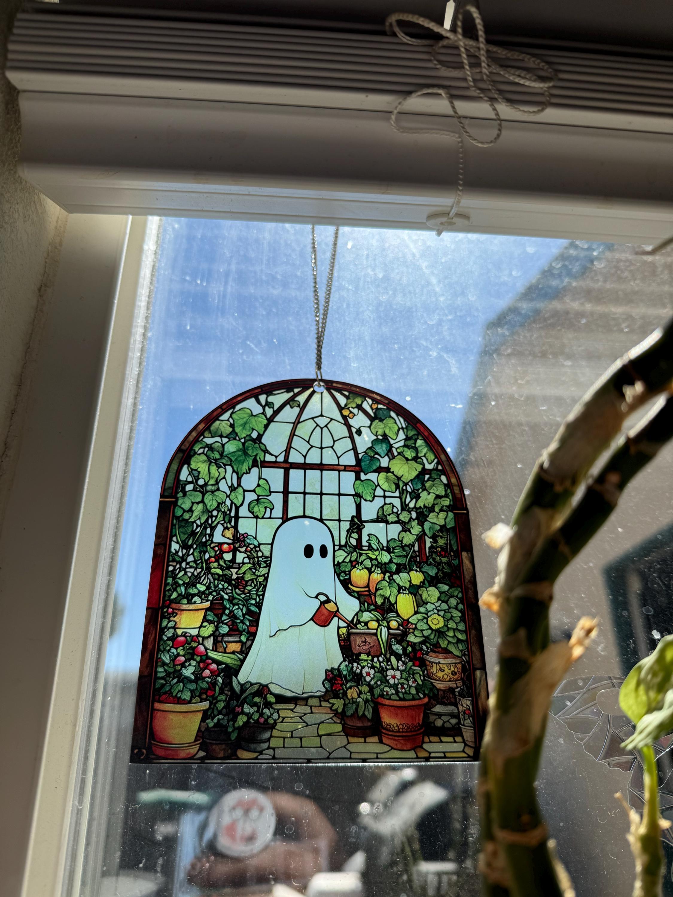 Cute Ghost Greenhouse Suncatcher Ornament, Halloween Ghost Acrylic Window Hangings, Plant Lovers Gift, Halloween Home Decor, Gift For Mom