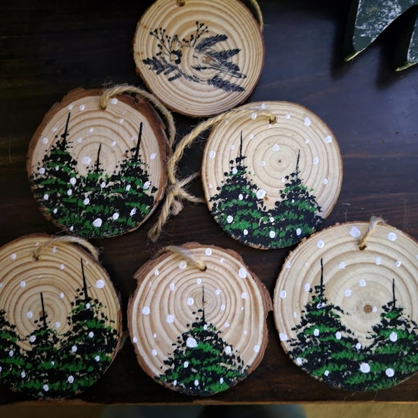 Hand-painted Pine Tree Wood Slice Ornament Set: Rustic Christmas Decor ...