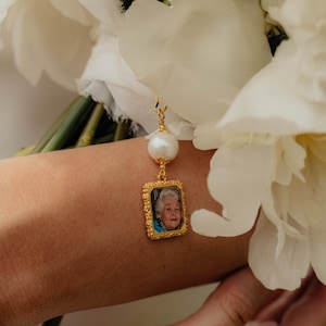 Gold tones Wedding bouquet photo charm. Ivory pearl photo charm. Bridal shower gift. Memorial photo charm.