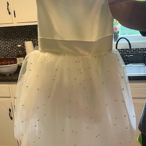 Blush Pink V Back Pearl Beaded Tulle Wedding Flower Girl Dress