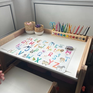 Montessori - Soporte para bolígrafos y lápices para niños, organizador de  escritorio largo de madera con 11 compartimentos de colores para pinceles