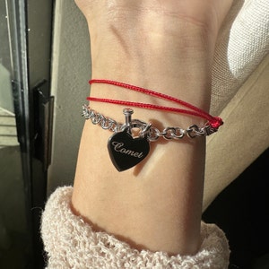 925 Solid Silver Toggle Heart Charm Bracelet, Personalized Rolo