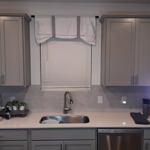 Solid White and Gray Stripe Tie up Valance, Farmhouse White Valance ...