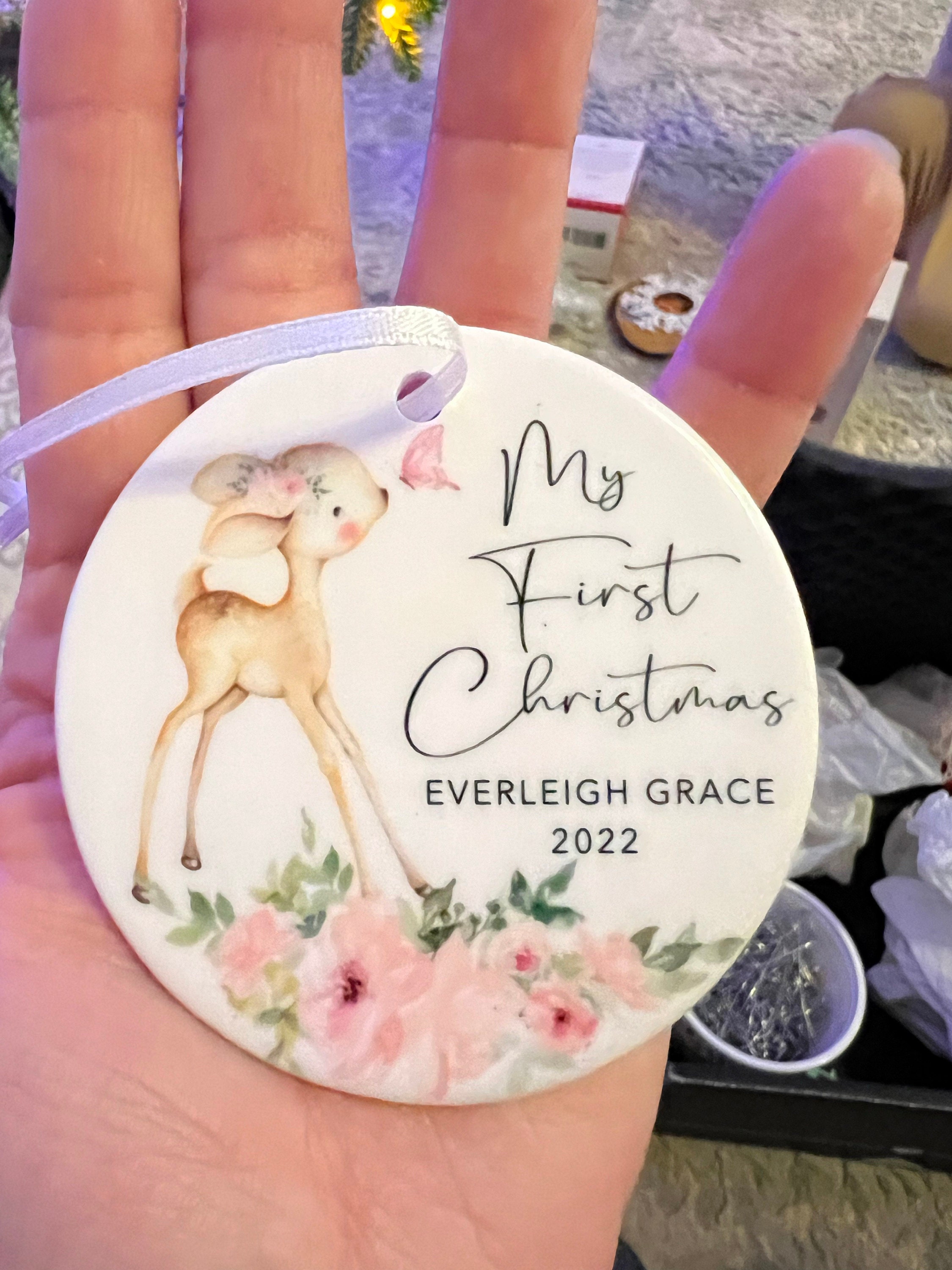 Baby&#39;s First Christmas Ornament - Personalized Baby Girl Deer Christmas Ornament