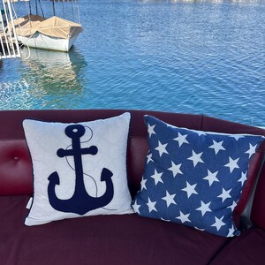 Navy Anchor Pillow Cover 16x16, Nautical Coastal Cushion, Handmade