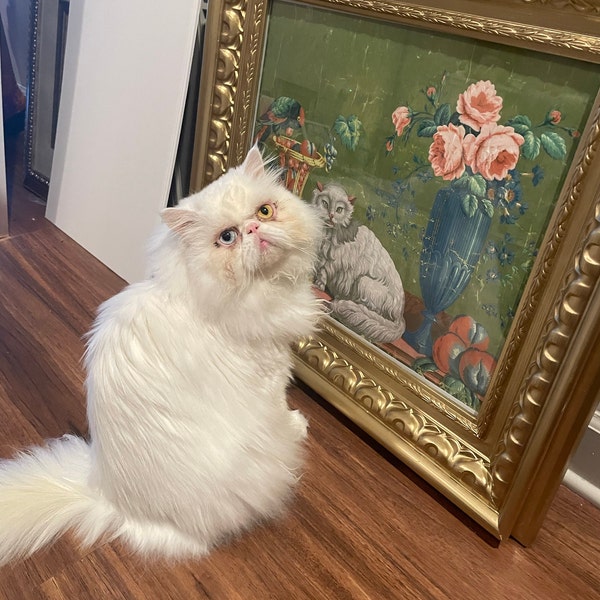 Antique Cat Painting Art Print, Vintage Cat Wall Art, Long Haired White ...
