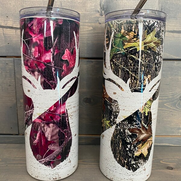 20 Oz Skinny Tumbler Camp Deer Pink Camo and Wood Sublimation Design ...