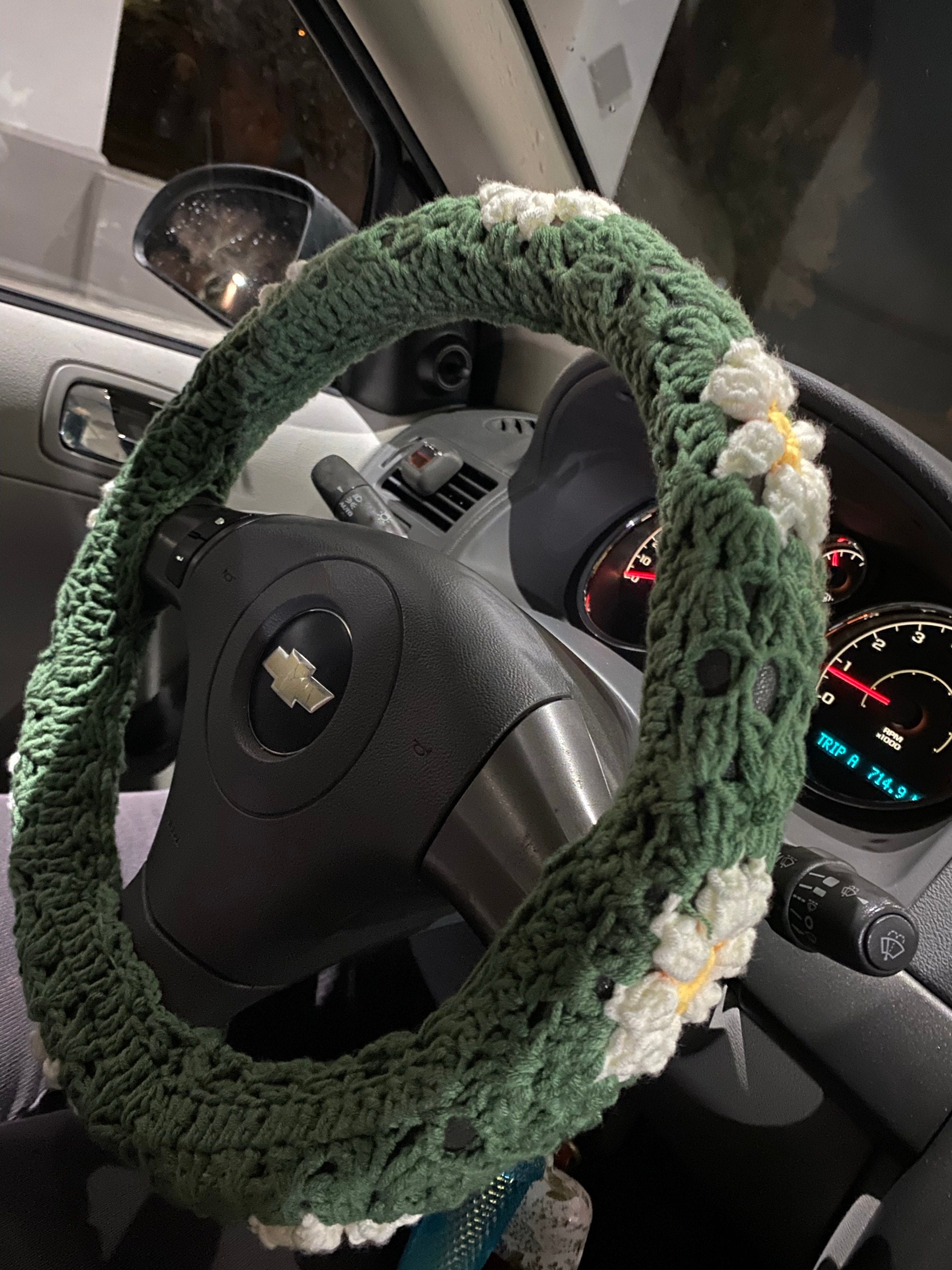 Handgemachte gehäkelte Lenkradhülle für Frauen, süße Daisy Blumen Sicherheitsgurthülle, Auto Interieur Accessoires Dekoration