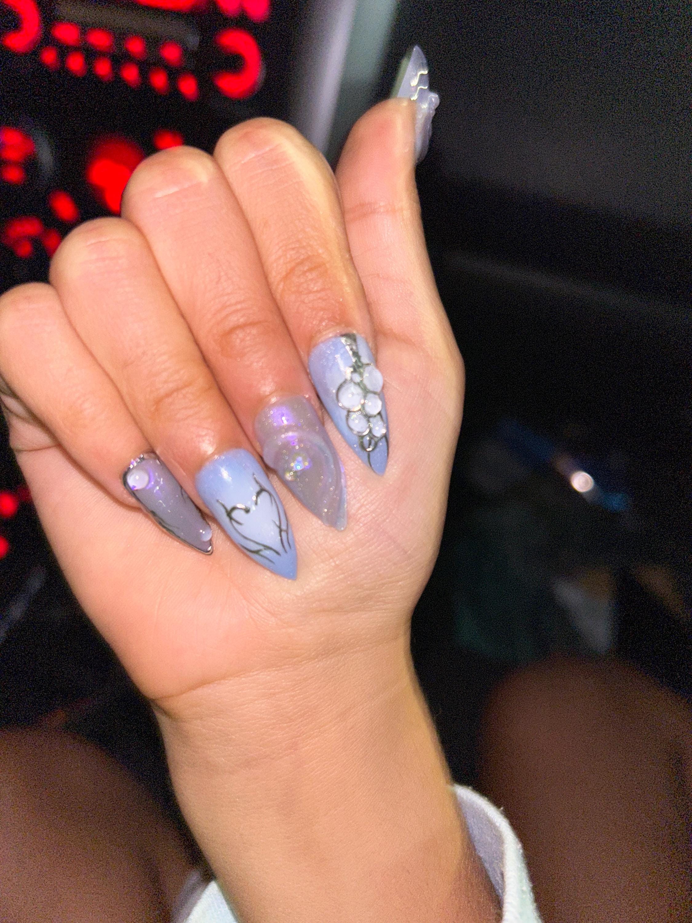 Free Style Blue Mermaid Almond Press On Nails, Handpainted Fake/False Nails, Prom/Event/Birthday Nails, Goth/Gothic/Y2K/Aura Nai